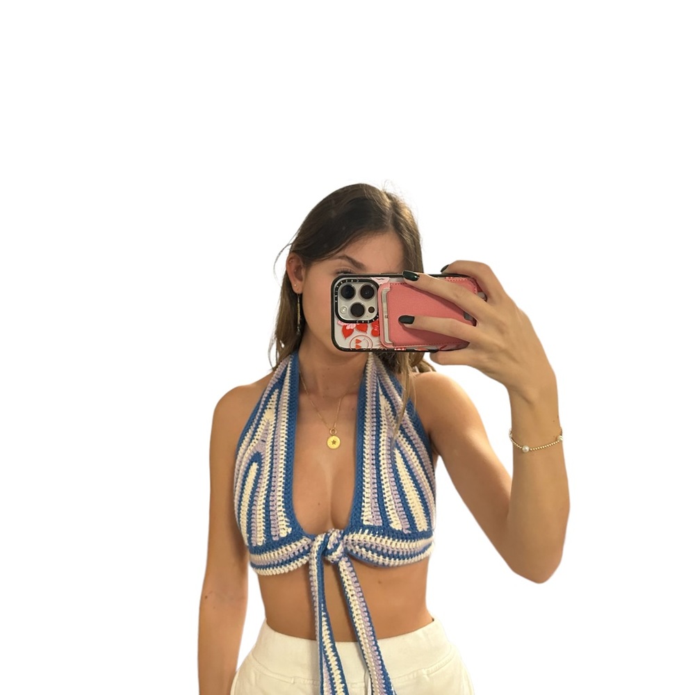 Beginning Boutique Crochet Blue Tie Top